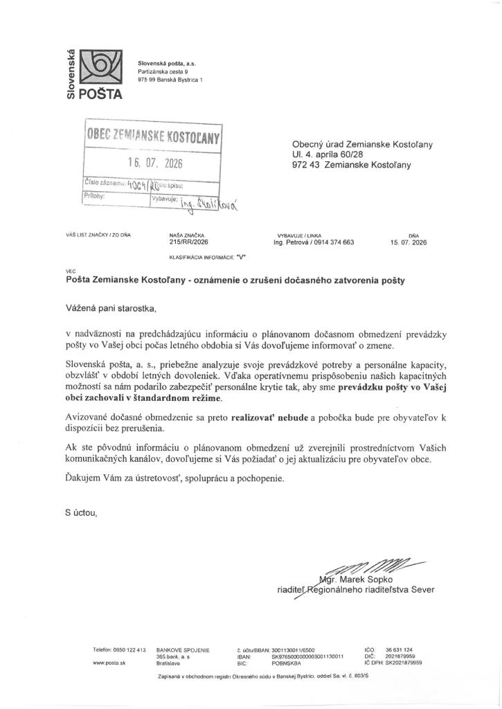 Oznámenie o zrušení dočasného zatvorenia pošty